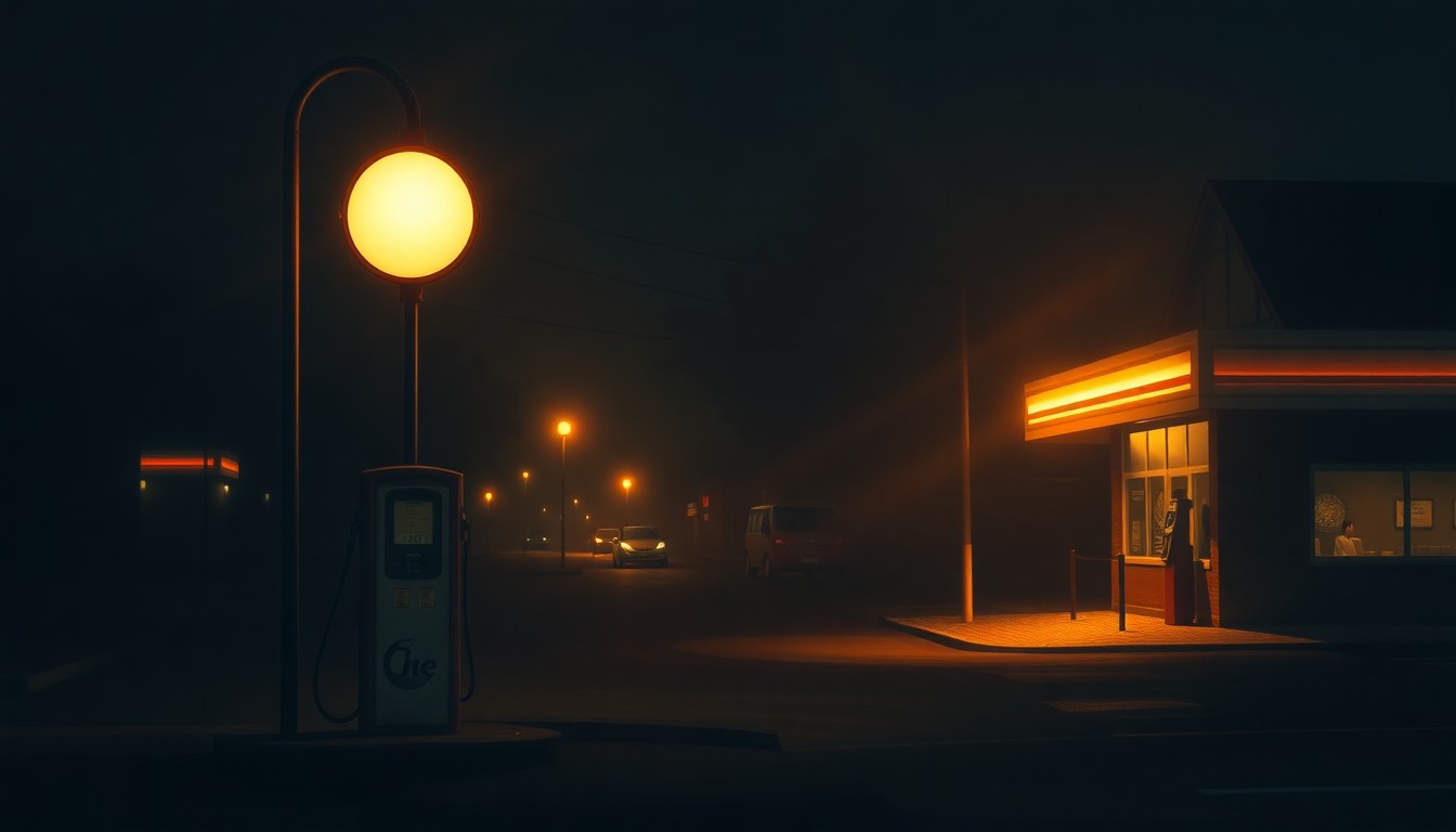 A photorealistic painting of a lone gas pump on a dimly lit urban street, with warm sunlight casting long shadows across the scene, conveying a sense of quiet contemplation about the challenges of funding infrastructure during an economic downturn.