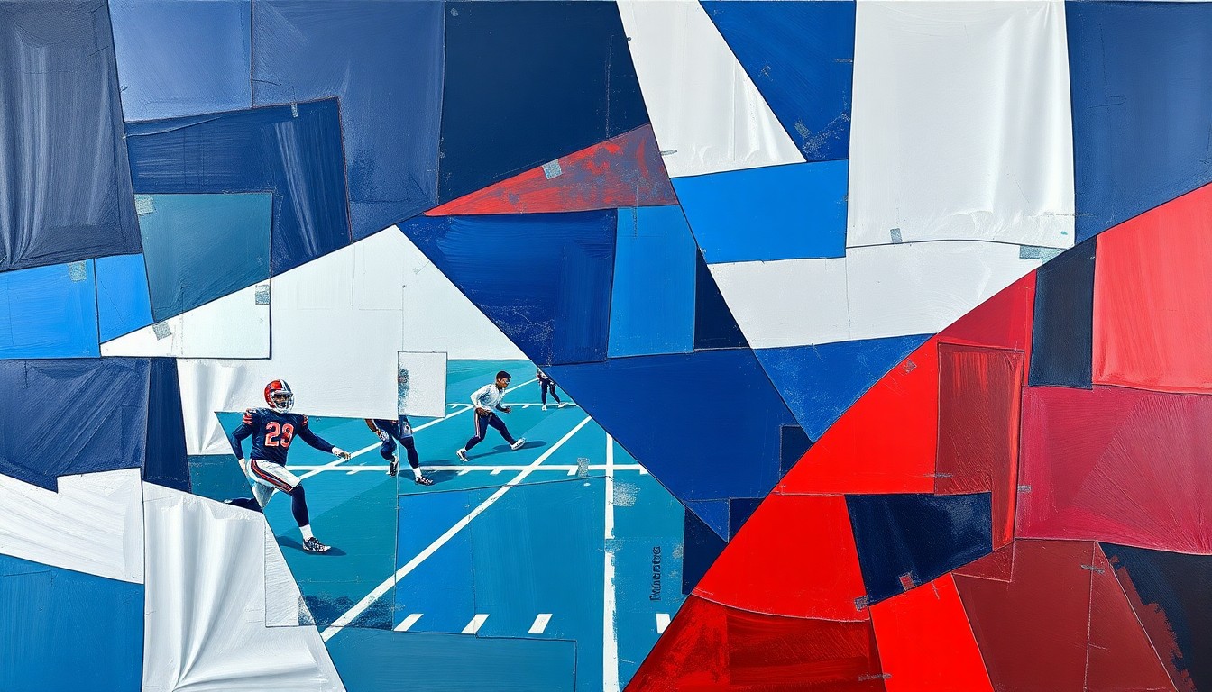 A cubist-style painting depicting a fragmented, geometric interpretation of a football practice or game, with sharp planes of navy, silver, and crimson red overlapping to create a dynamic, abstract scene.