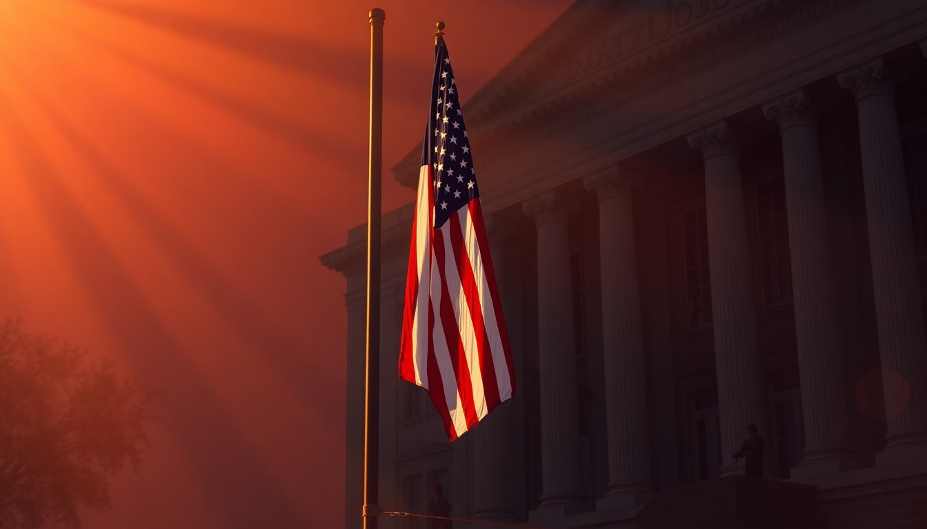 A cinematic painting of an American flag hanging on a government building, with warm sunlight and deep shadows creating a contemplative, nostalgic mood.