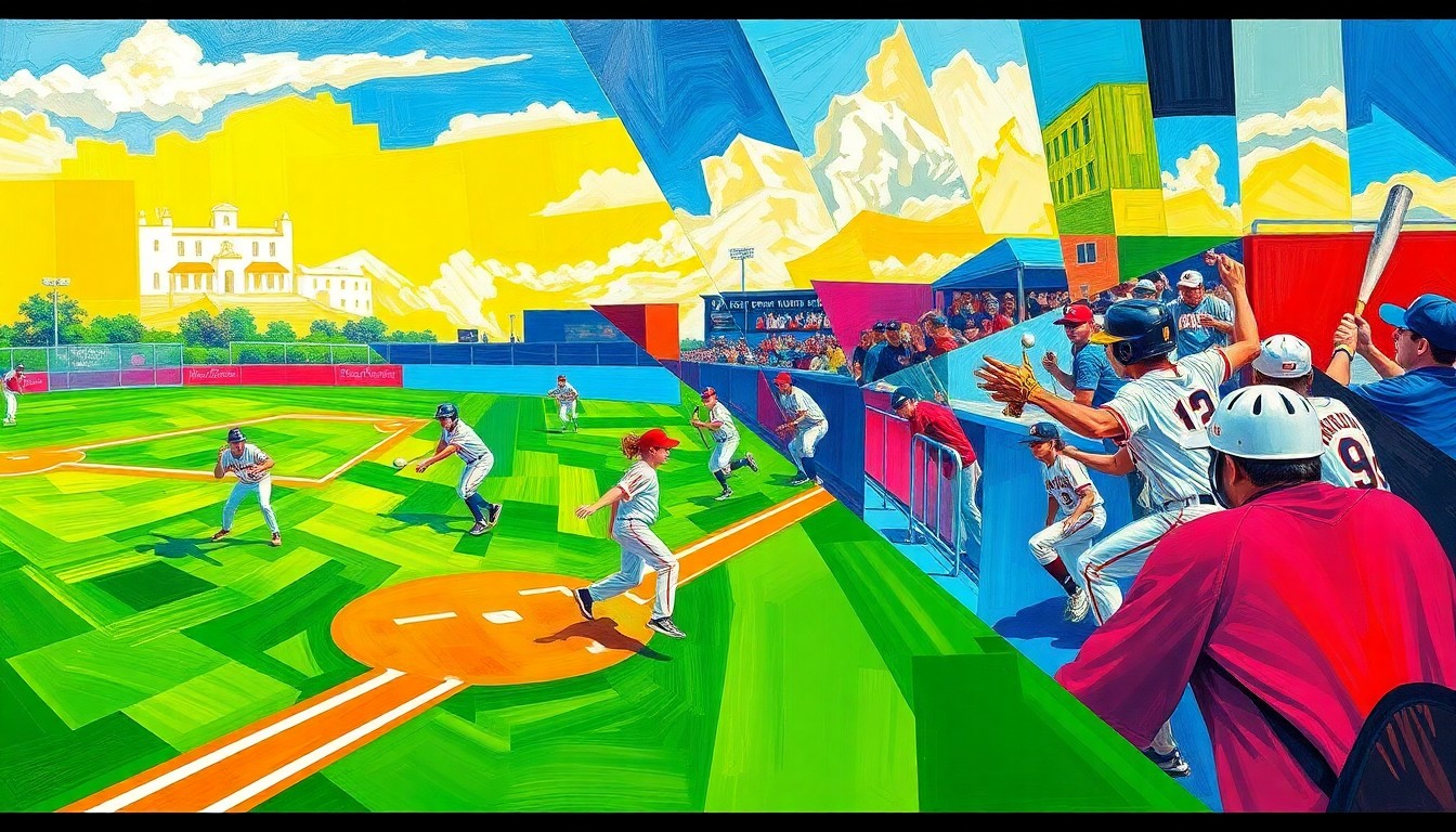 A fractured, multi-perspective painting in bold, geometric shapes and vibrant colors, conceptually representing the high-stakes district softball matchup between two rival teams.