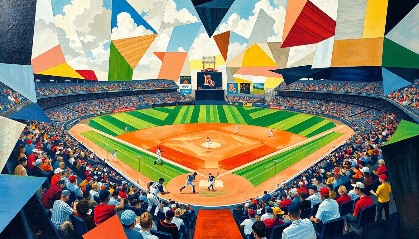 A cubist, geometric painting depicting a baseball game, with players and the field abstracted into angular, colorful shapes that capture the dynamic energy of the sport.