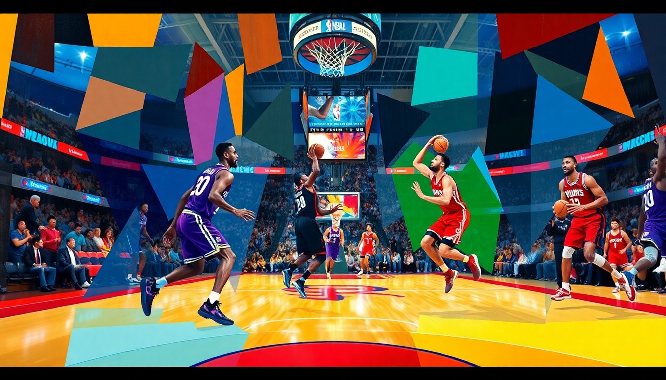 A fragmented, geometric painting in the style of Pablo Picasso, depicting the action of a basketball game between the Phoenix Suns and Houston Rockets through sharp, overlapping planes of color and form.