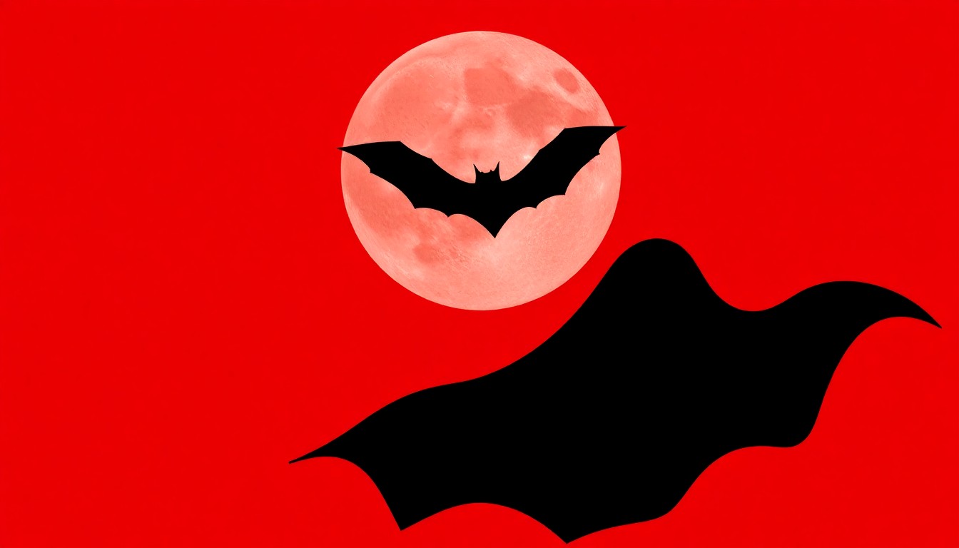 A minimalist, abstract illustration featuring sharp, black silhouettes of vampire fangs, a full moon, and a flowing cape against a bright red background, conceptually representing the genre-blending elements of the new Lookingglass Theatre production.
