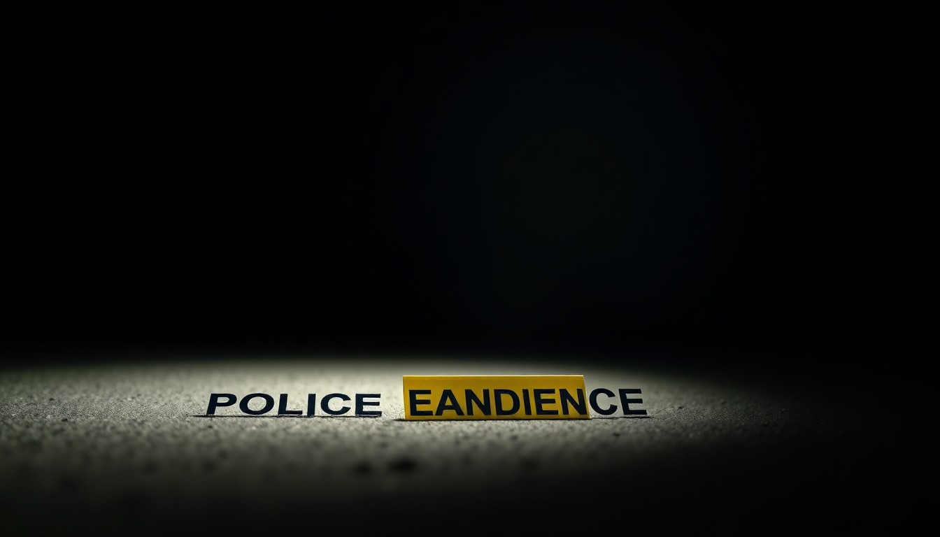 An extreme close-up photograph of a single police evidence marker on the ground, lit by a harsh, direct camera flash against a pitch-black background, conceptually illustrating the sudden and gritty nature of a late-night crime scene investigation.