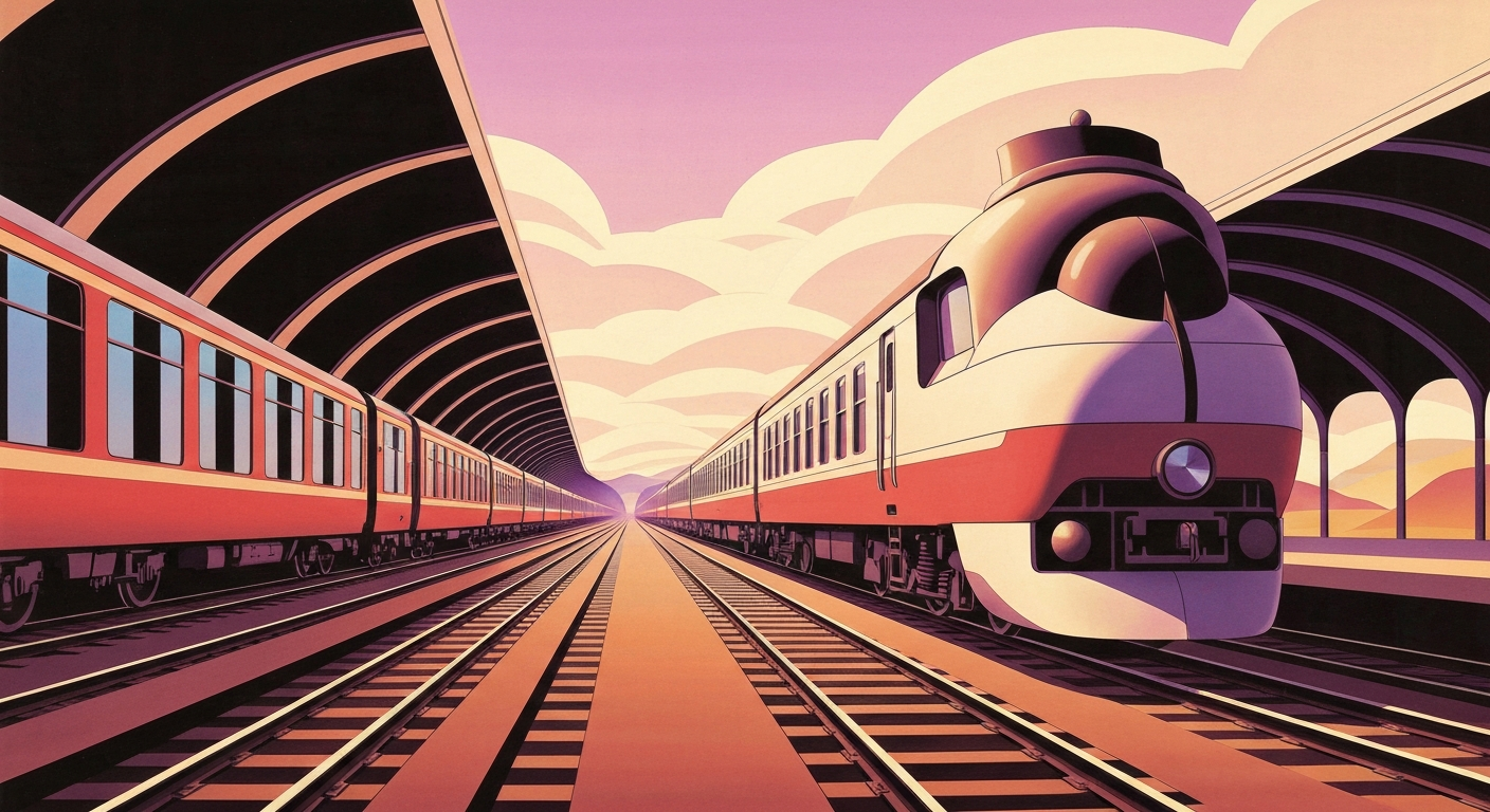 A bold, geometric illustration in the Art Deco style, featuring a towering, streamlined train station or landscape with sweeping gradients and smooth, abstract forms, capturing the grand scale and romance of rail travel.