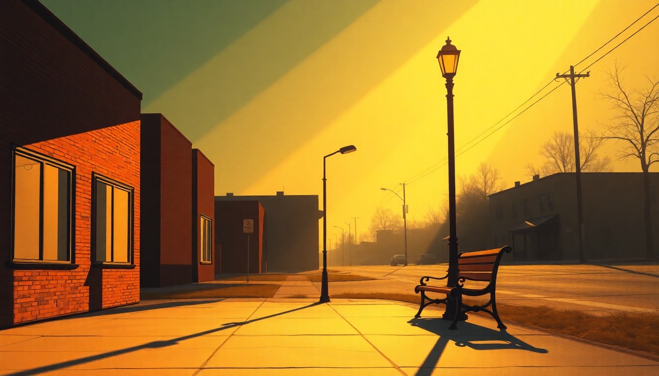 A serene, cinematic painting of a lone park bench in a small town, with warm sunlight casting deep shadows across the scene, conceptually representing the fiscal restraint of the community.