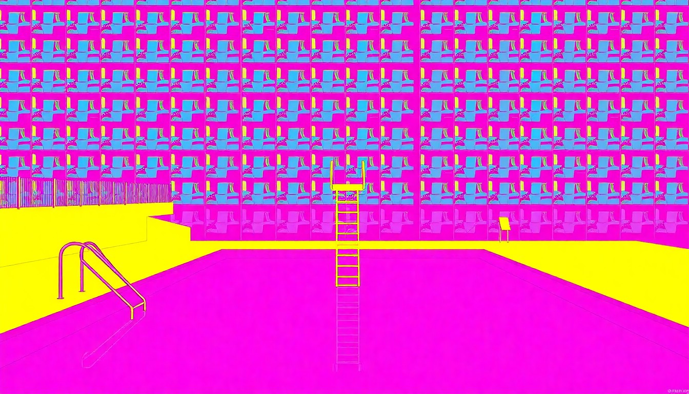 A vibrant, silkscreen-style grid of swimming pool icons in neon pink, blue, and yellow, conceptually representing the Ravine Water Park's plans for a new adult pool amenity.