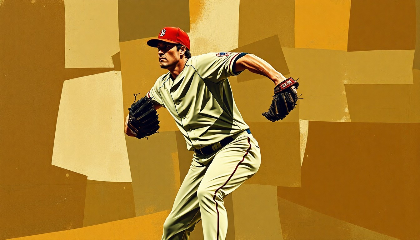 A fractured, multi-perspective painting depicting a baseball pitcher's motion broken down into sharp, overlapping geometric planes in earthy tones of brown, ochre, and olive green, creating a dynamic, abstract composition.