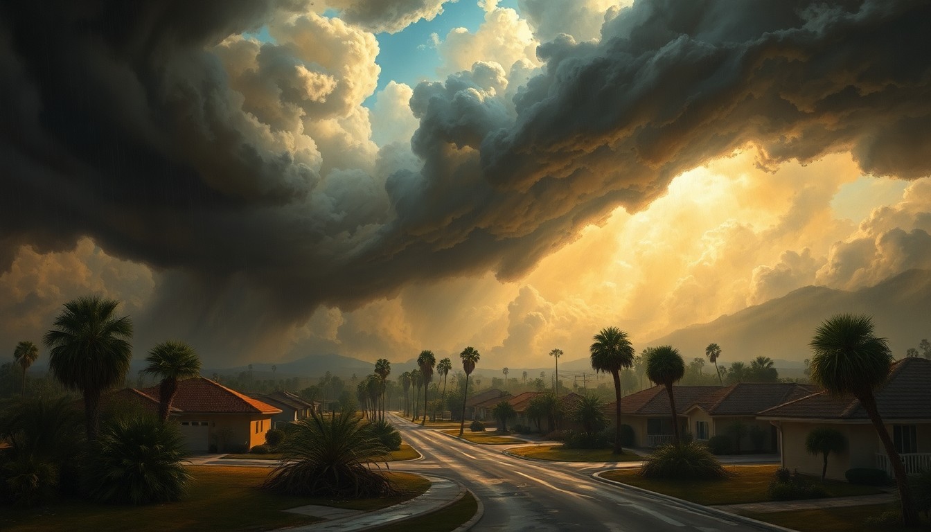 A sweeping, atmospheric landscape painting depicting a storm-ravaged neighborhood in Palm Springs North, Florida. Uprooted trees and damaged homes are dwarfed by the overwhelming scale of the turbulent clouds and heavy rain, conveying the raw power of the natural forces at play.