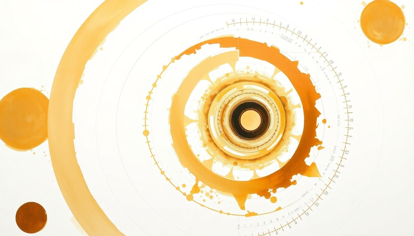 A highly structured abstract painting in soft, earthy tones depicting the complex molecular structure and spectroscopic signatures of uranium oxide compounds, conveying the scientific order and precision of these nuclear materials.