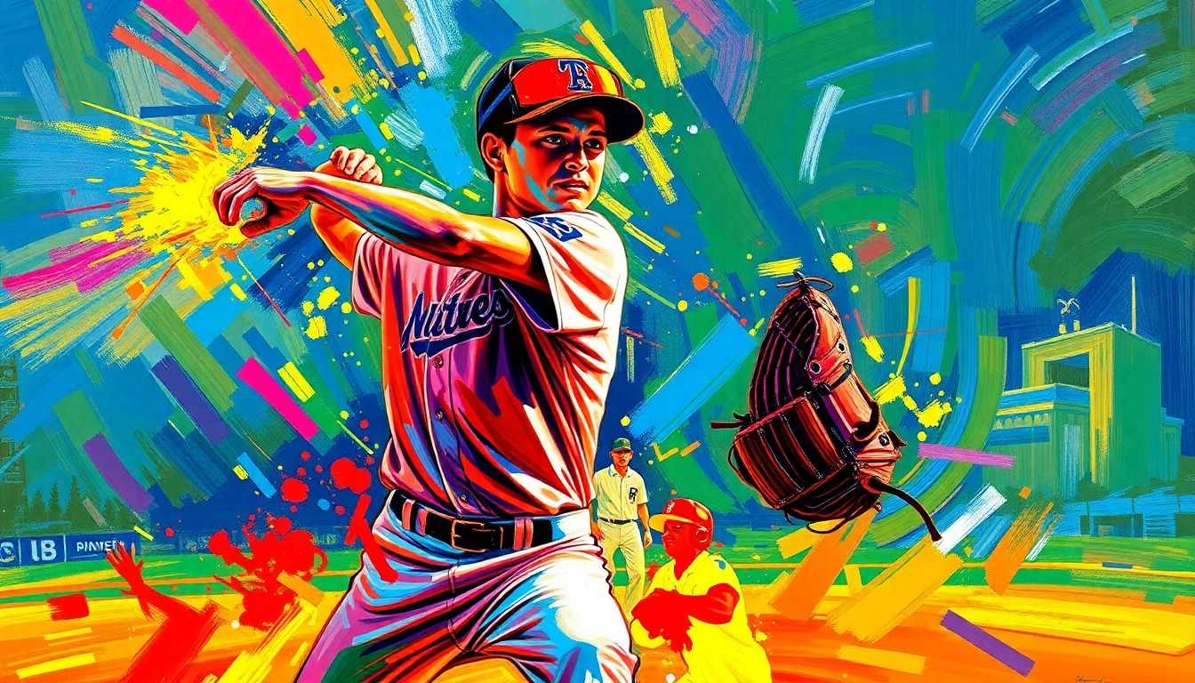 An extreme close-up of a high school baseball pitcher's throwing motion, captured in a vibrant, expressionist style using rapid brushstrokes and neon colors to convey the raw energy and intensity of the moment.