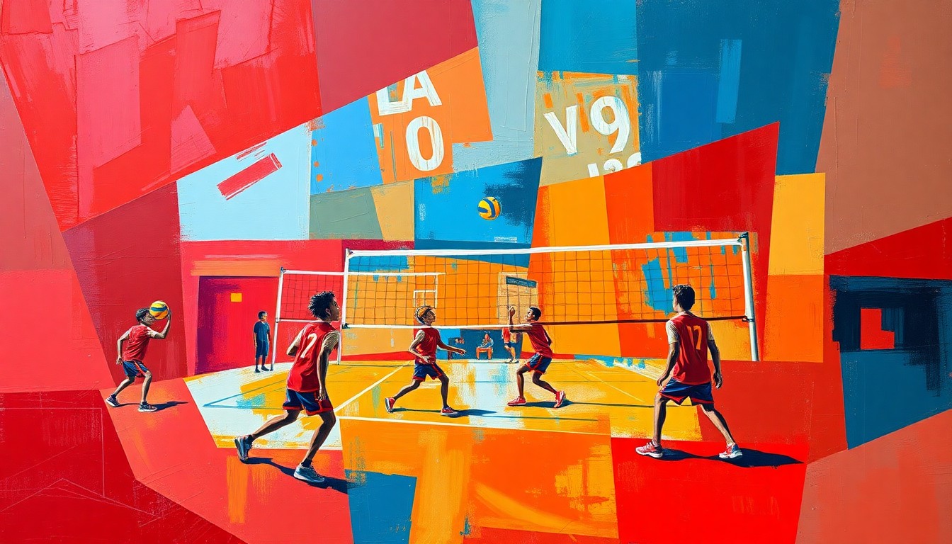 A fragmented, geometric painting in bold colors depicting the dynamic movements and competitive energy of a boys volleyball game.