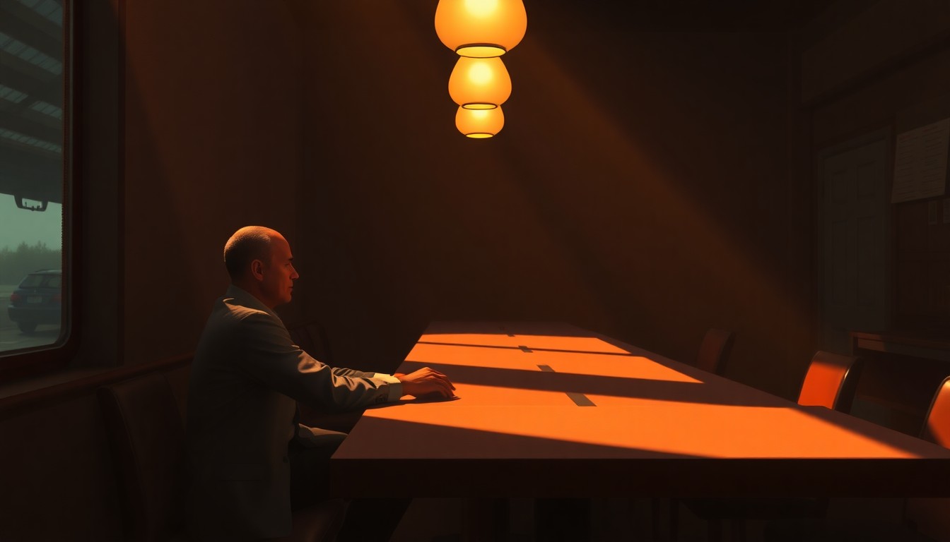 A cinematic painting of a solitary politician sitting alone at a diner counter, the warm light and deep shadows creating a contemplative, nostalgic mood that evokes the challenges of bridging political divides.
