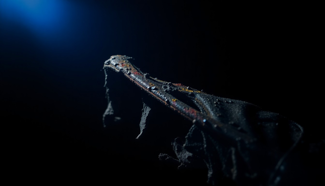 An extreme close-up photograph of a damaged, twisted metal object from the Camp Mystic flood site, lit by a harsh, direct camera flash against a pitch-black background, conceptually illustrating the grim aftermath of the deadly 2025 floods.