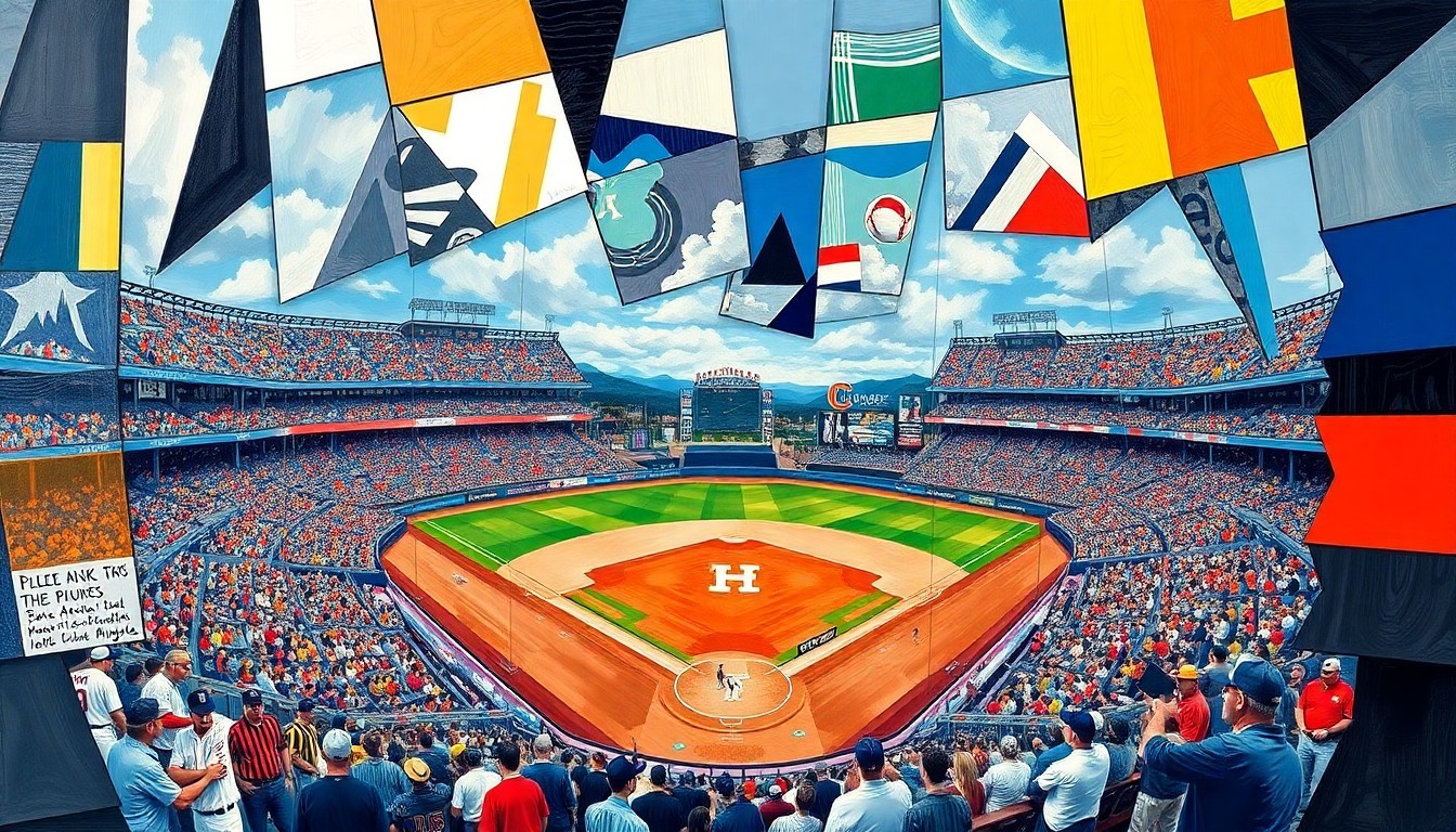 A fragmented, geometric painting depicting a baseball game in motion, with players and the field broken down into sharp, overlapping shapes and planes of color.