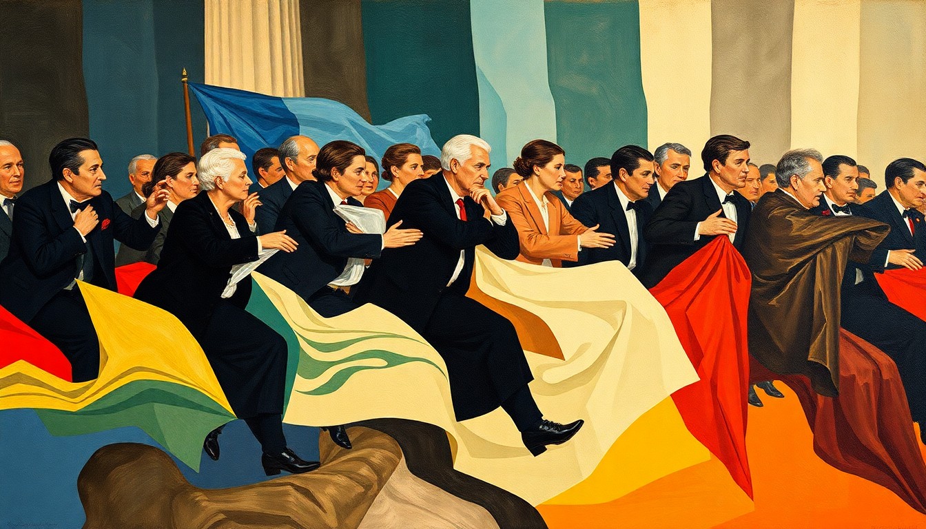 An abstract, fragmented painting in bold, clashing colors depicting a blurred, dynamic political scene, conveying the turbulent nature of the election.