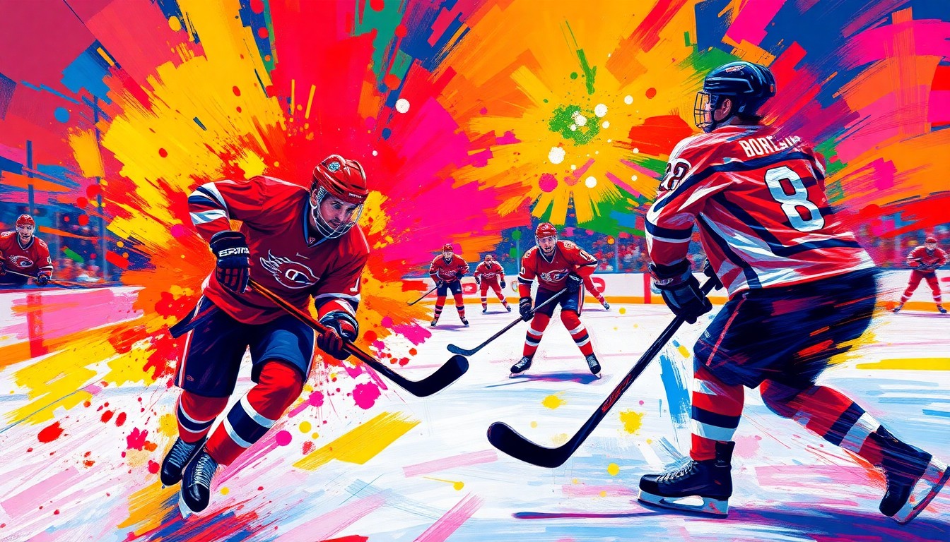 An abstract, energetic painting featuring rapid brushstrokes and neon colors that capture the dynamic motion and raw emotion of a hockey shootout, with the puck and players' forms blending together in an expressionistic style.