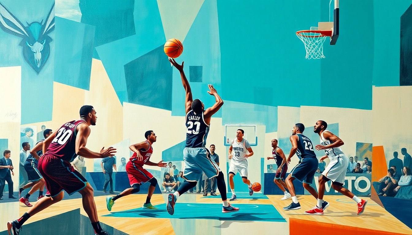 A cubist, geometric painting depicting the dynamic movement and energy of a basketball game, with the players' forms deconstructed into sharp, overlapping planes of color and shape.