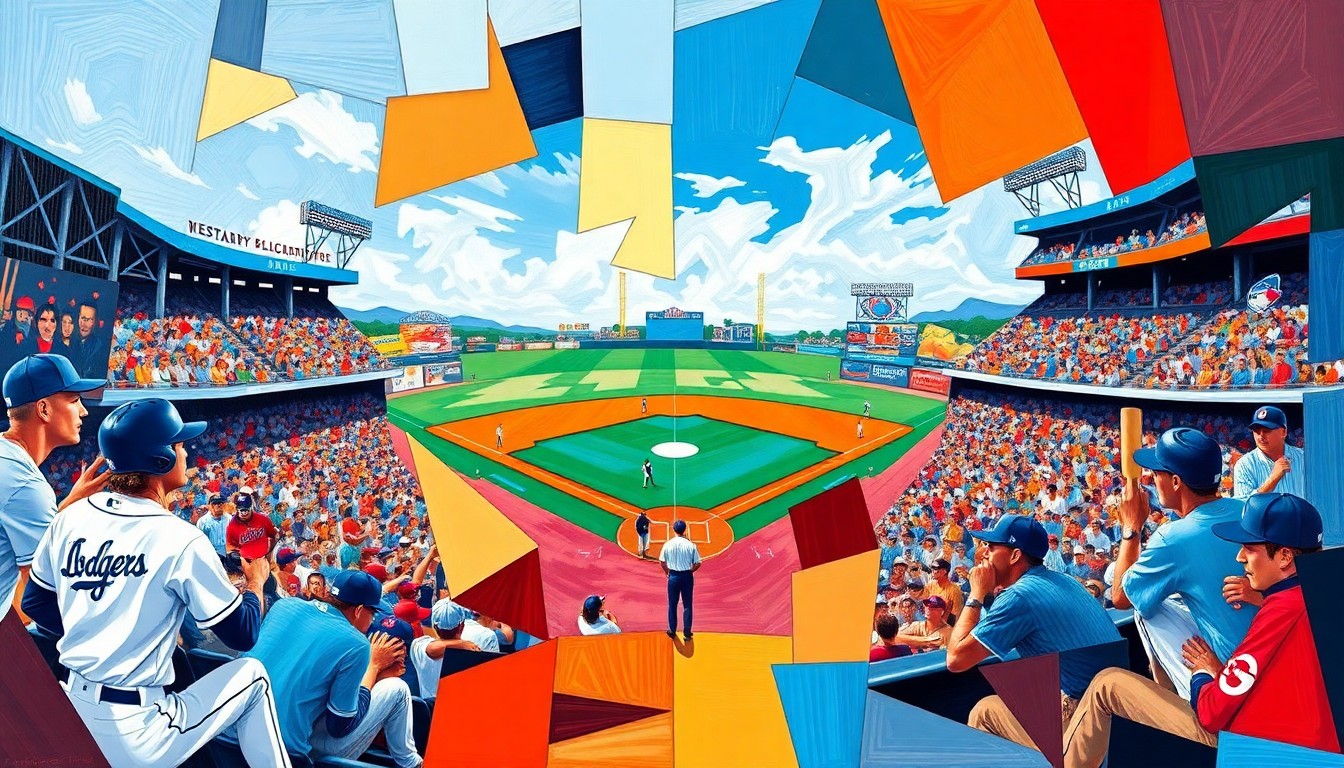 A fragmented, geometric painting in bold blues, whites, and grays, depicting the dynamic movements and overlapping perspectives of a baseball game.