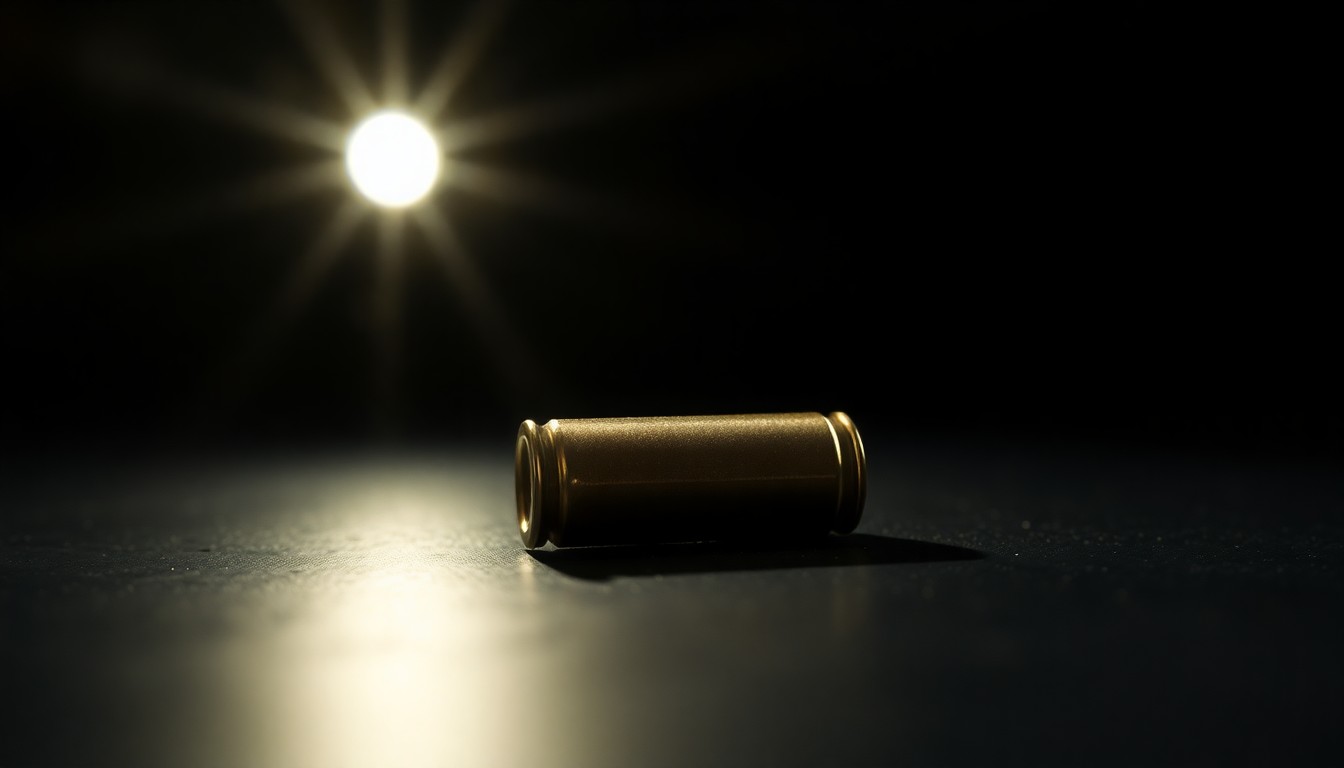 An extreme close-up of a single bullet casing on a dark surface, lit by a harsh, direct camera flash, conceptually illustrating the violence of the shooting incident.