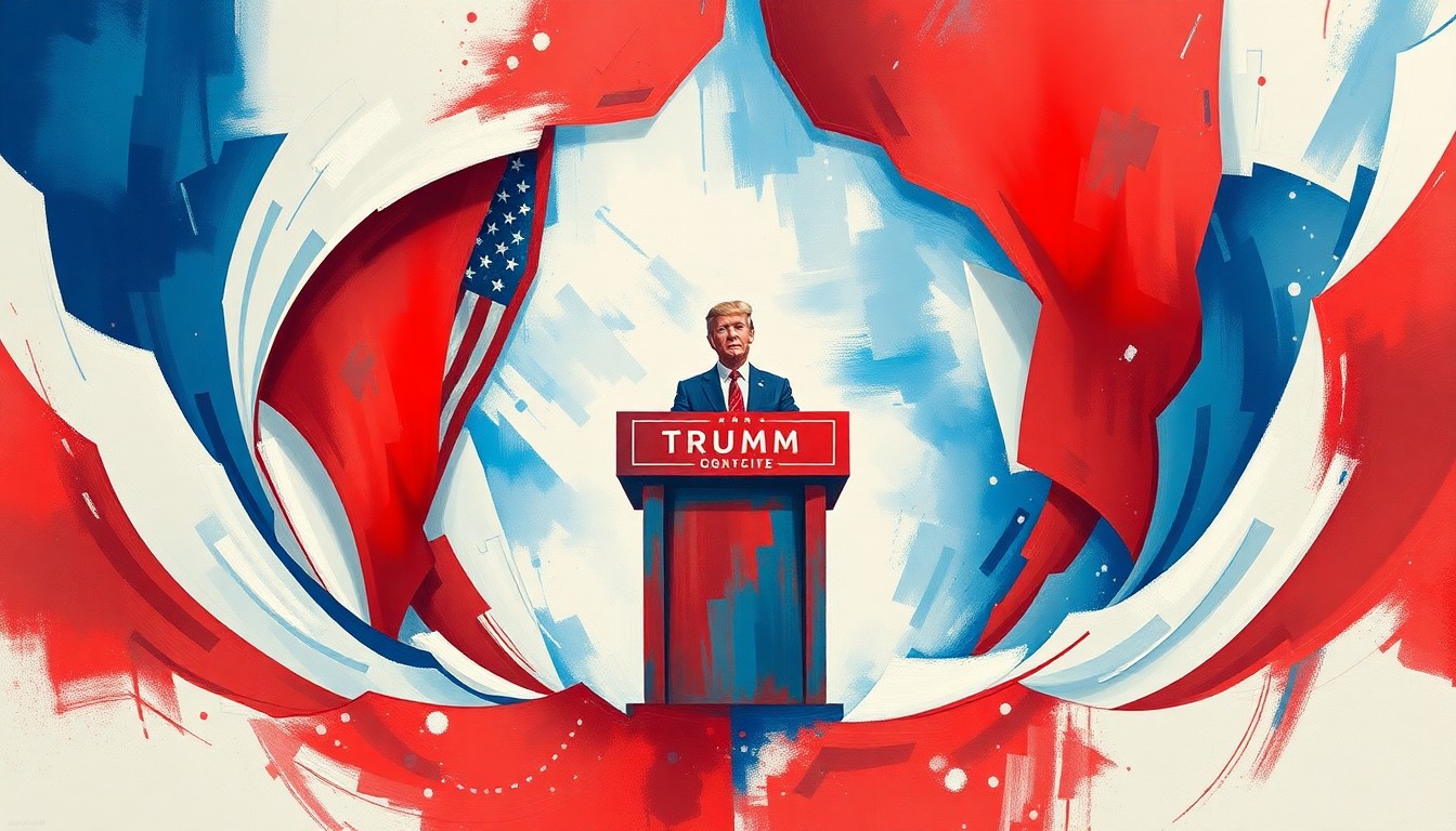 A dynamic, abstract painting featuring a fragmented, geometric depiction of a politician's podium surrounded by overlapping waves of red, white, and blue colors, conveying the divisive nature of the special election.