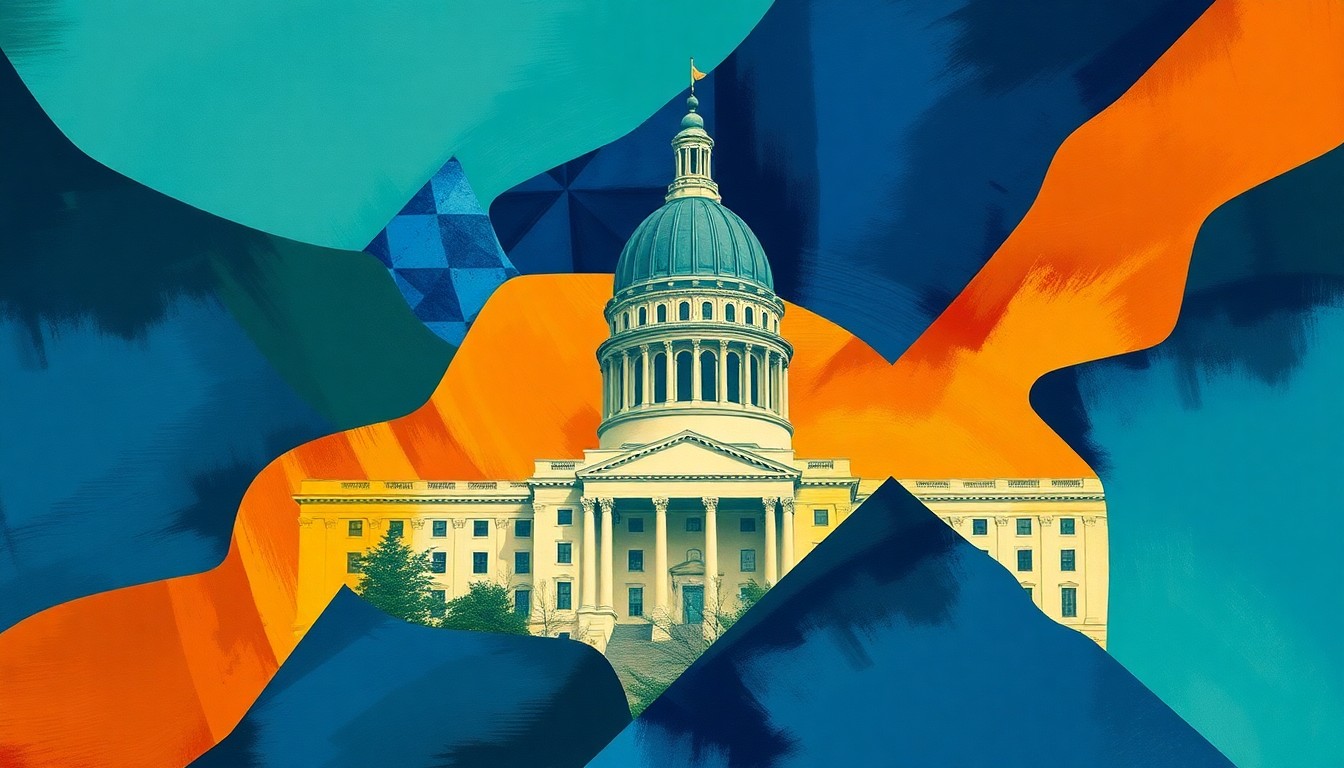 A vibrant, abstract painting depicting the Wisconsin state capitol building in fragmented, overlapping geometric shapes and brushstrokes in shades of blue, green, and amber, conveying the high-stakes political tension surrounding the state Supreme Court election.