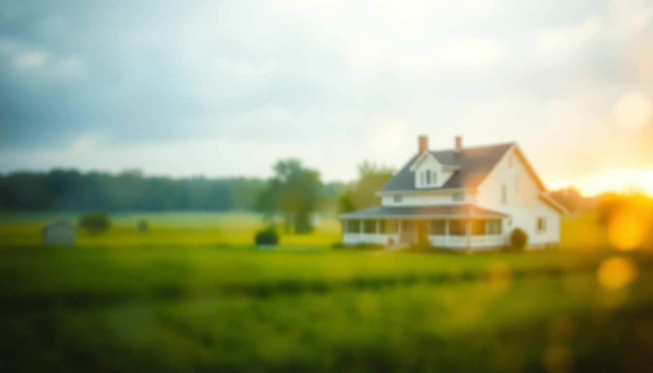 An extremely abstracted, out-of-focus photograph of a classic two-story farmhouse surrounded by a serene rural landscape, with soft, warm pools of light and color, conceptually representing the peaceful and inviting atmosphere of the property.