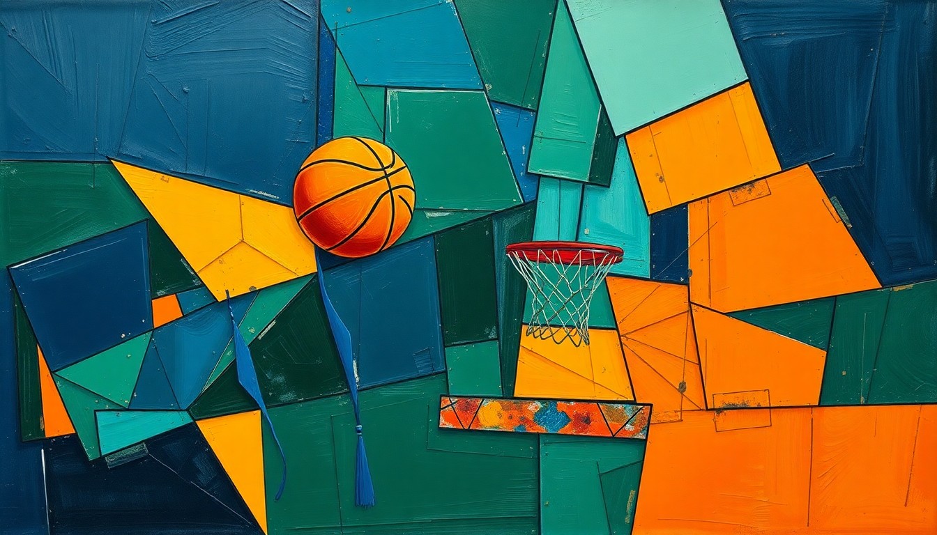 A cubist, geometric painting depicting a fragmented, multi-perspective view of a basketball game or match, with sharp, overlapping planes of navy blue, forest green, and burnt orange colors.