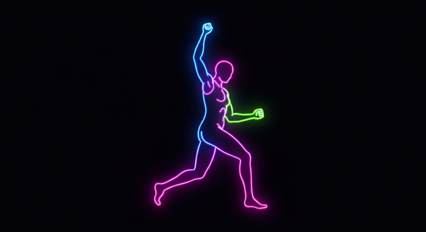 A minimalist neon outline illustration of a human figure in an active, energetic pose, representing the holistic approach to diabetes and weight management at the Reger-Ryan Diabetes and Weight Management Center.