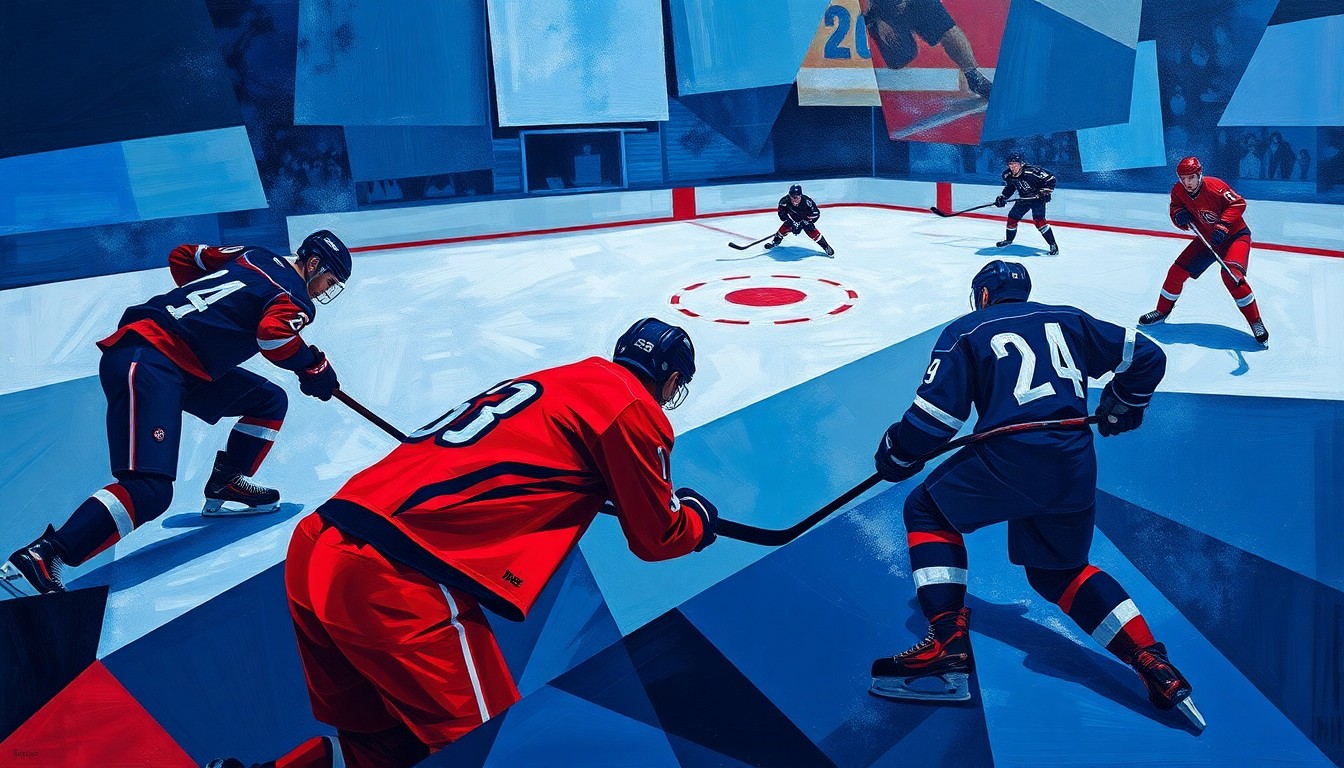 A fractured, cubist painting depicting the chaotic action of a hockey game, with players and the puck rendered as sharp, overlapping geometric shapes in a palette of navy, crimson, and silver.