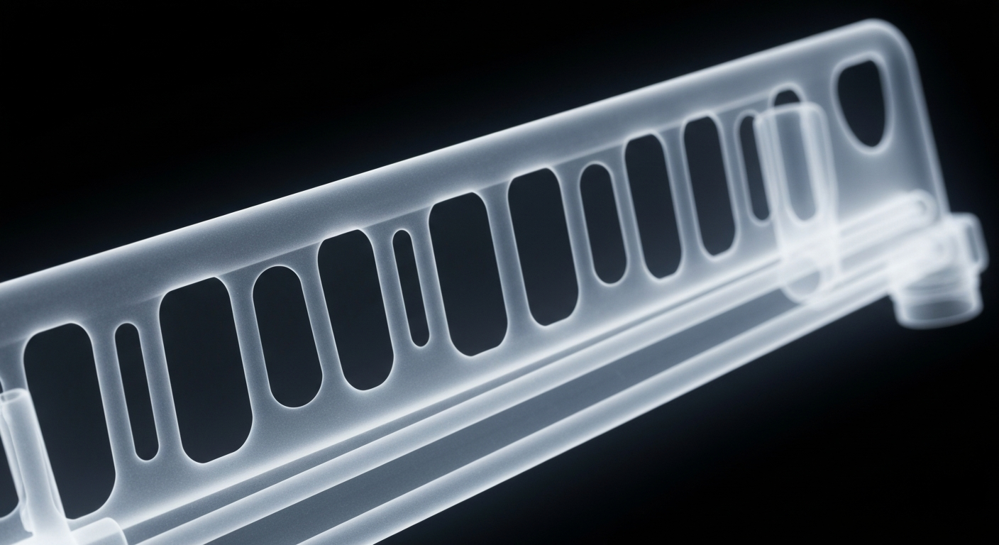 An extreme close-up X-ray photograph showing the ghostly, glowing internal structure of a hospital bed rail, conceptually representing the violent attack on the EMT and the vulnerability of healthcare workers.