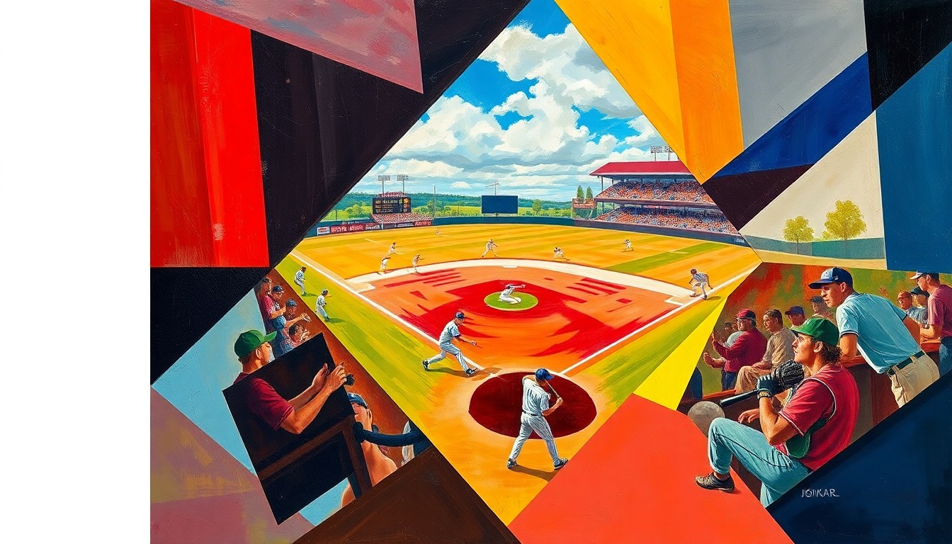 A fragmented, geometric painting depicting the tension and energy of a high school baseball game, with players' forms broken down into sharp, overlapping shapes and planes of color.