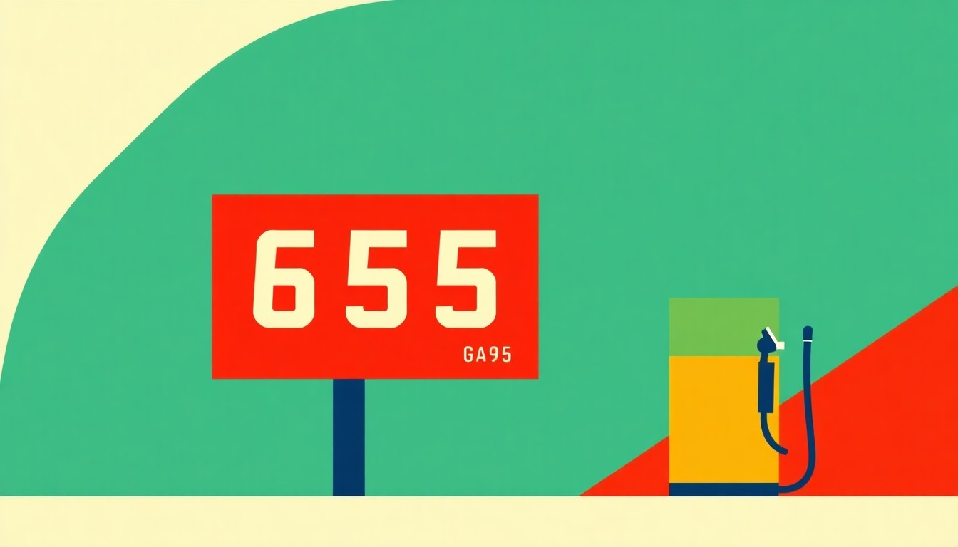 A geometric abstract illustration using bold shapes and primary colors to conceptually represent the rising cost of gasoline in California.