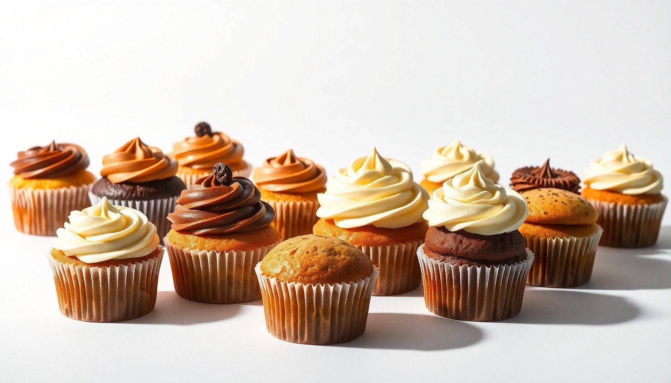 A high-end, photorealistic studio still-life photograph featuring an assortment of freshly baked cupcakes in various flavors arranged elegantly on a clean, white seamless background, with dramatic studio lighting casting deep shadows to highlight the rich textures and vibrant colors of the baked goods.