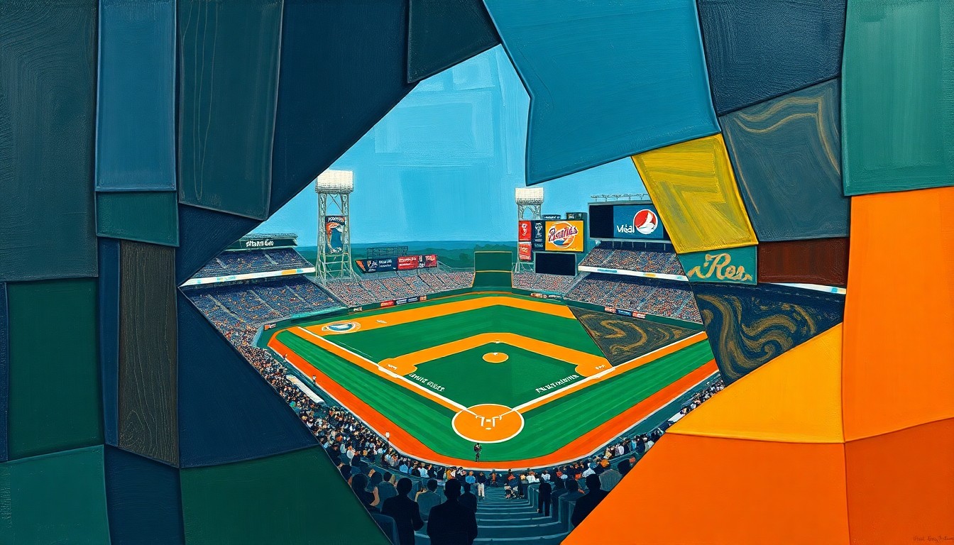 A fractured, abstract painting depicting a minor league baseball game, with the players and field broken down into sharp, overlapping geometric shapes in a palette of navy, green, and orange.