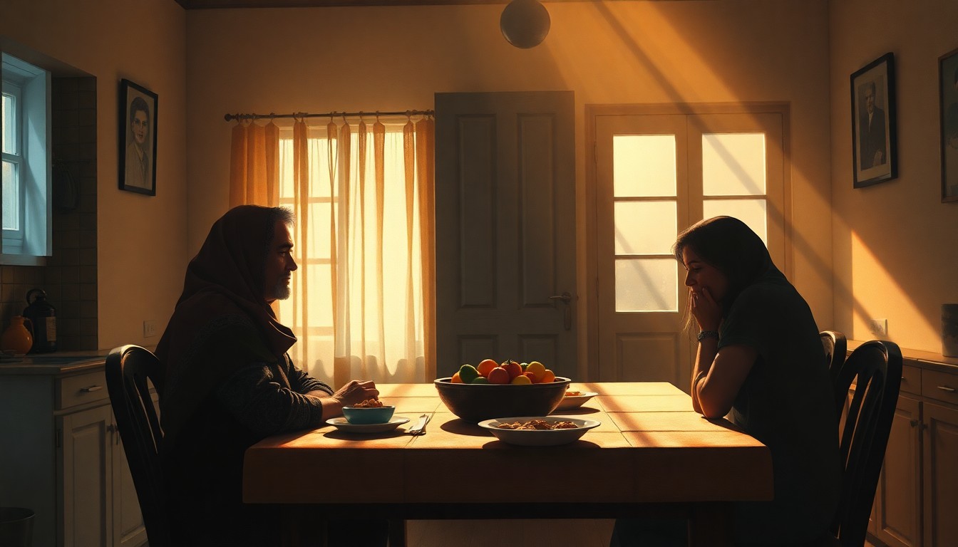 A warm, nostalgic painting depicting an Iranian family gathered around a kitchen table, their faces etched with concern as they gaze out a window, the scene bathed in soft, diagonal light and deep shadows, conveying the emotional weight of their separation and worry for loved ones.