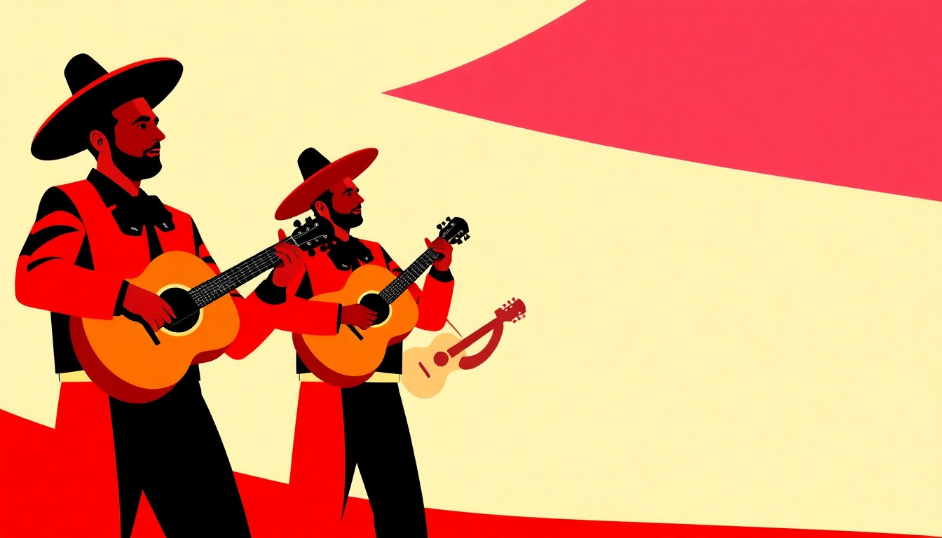 A dynamic composition of jagged, overlapping shapes in bright red, yellow, and black, conveying the lively spirit of a mariachi performance.