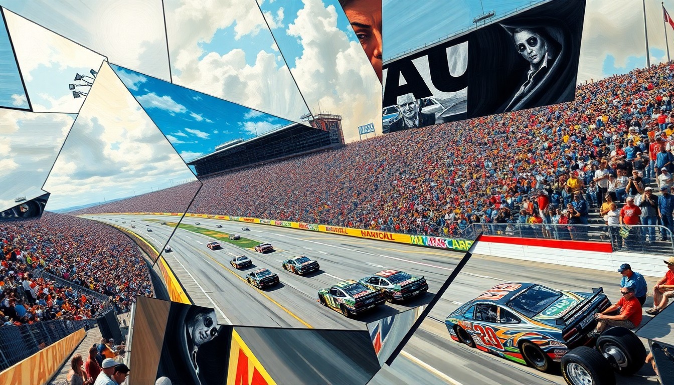 A fractured, geometric painting depicting a NASCAR race at Talladega, with the track, cars, and crowd broken down into sharp, overlapping planes of color and shape.