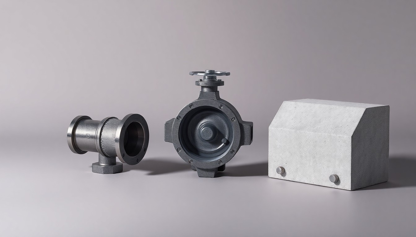 A high-end, photorealistic studio still-life photograph featuring a polished metal pipe fitting, a sleek industrial valve, and a smooth concrete block, arranged elegantly on a clean, monochromatic background and using dramatic lighting to conceptually represent energy infrastructure and industrial equipment.