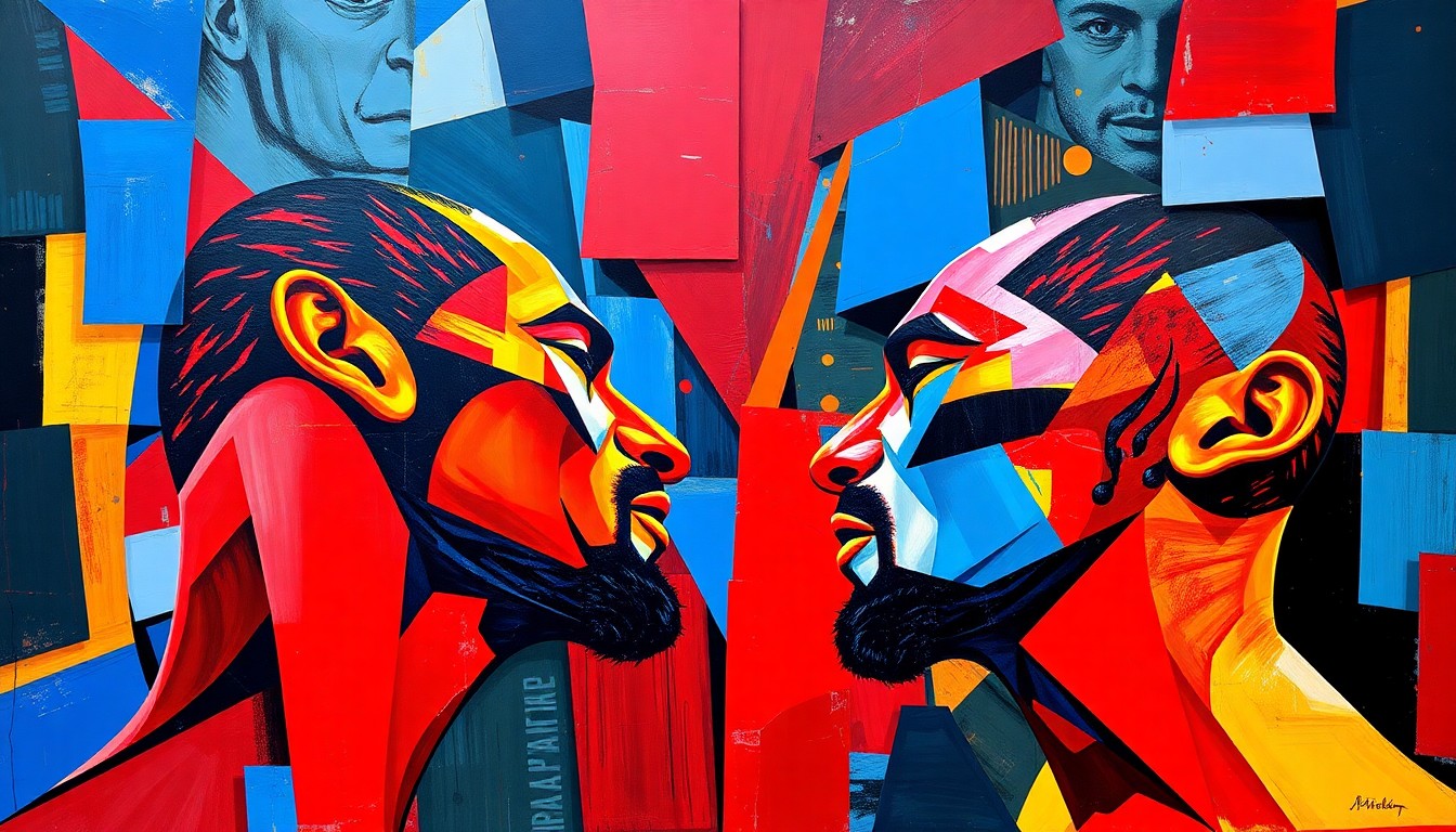 A cubist, geometric painting depicting the dynamic movements and clashing styles of two UFC light heavyweight fighters in an abstract, fragmented composition.