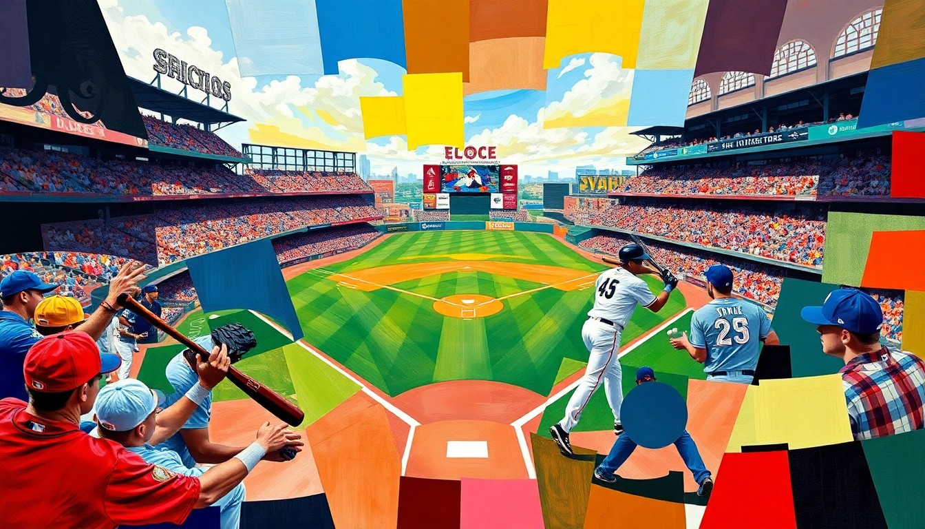 A fractured, geometric painting depicting the dynamic movements and competing forces of a college baseball game, with sharp planes of color and overlapping perspectives conveying the excitement and tension of the close contest.