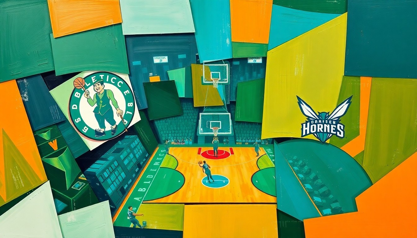 A cubist, geometric painting depicting a basketball game in motion, with overlapping shapes and planes of green, blue, and orange representing the players and action on the court.
