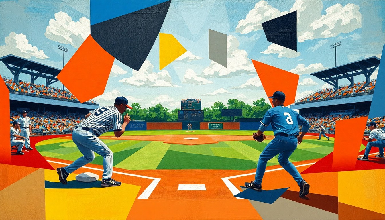 A fragmented, geometric painting depicting the dynamic action of a high school baseball game, with players and the field broken down into overlapping planes of color and abstract shapes.