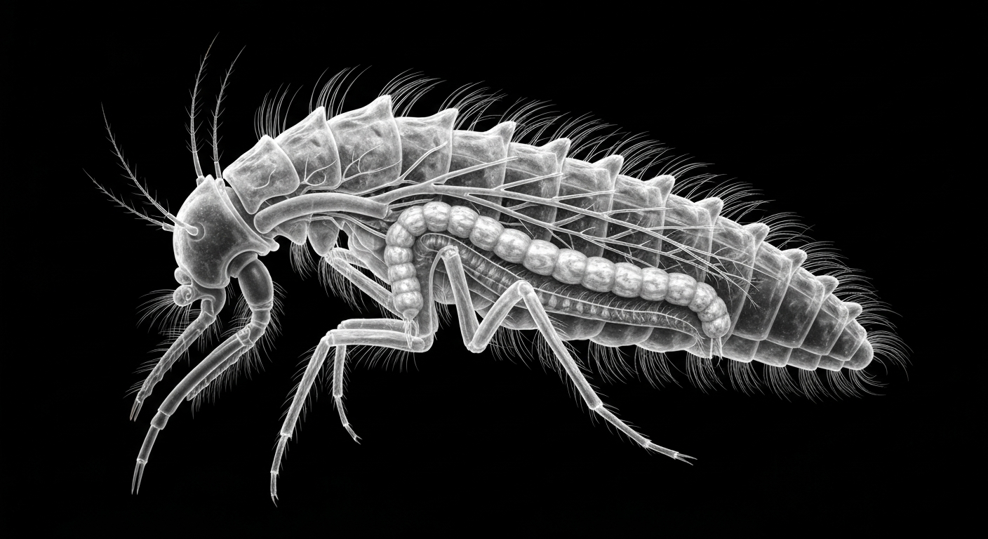 A ghostly, translucent X-ray photograph revealing the internal structure of a mosquito larva, its delicate form glowing against a dark background, conceptually illustrating the targeted approach to mosquito control.