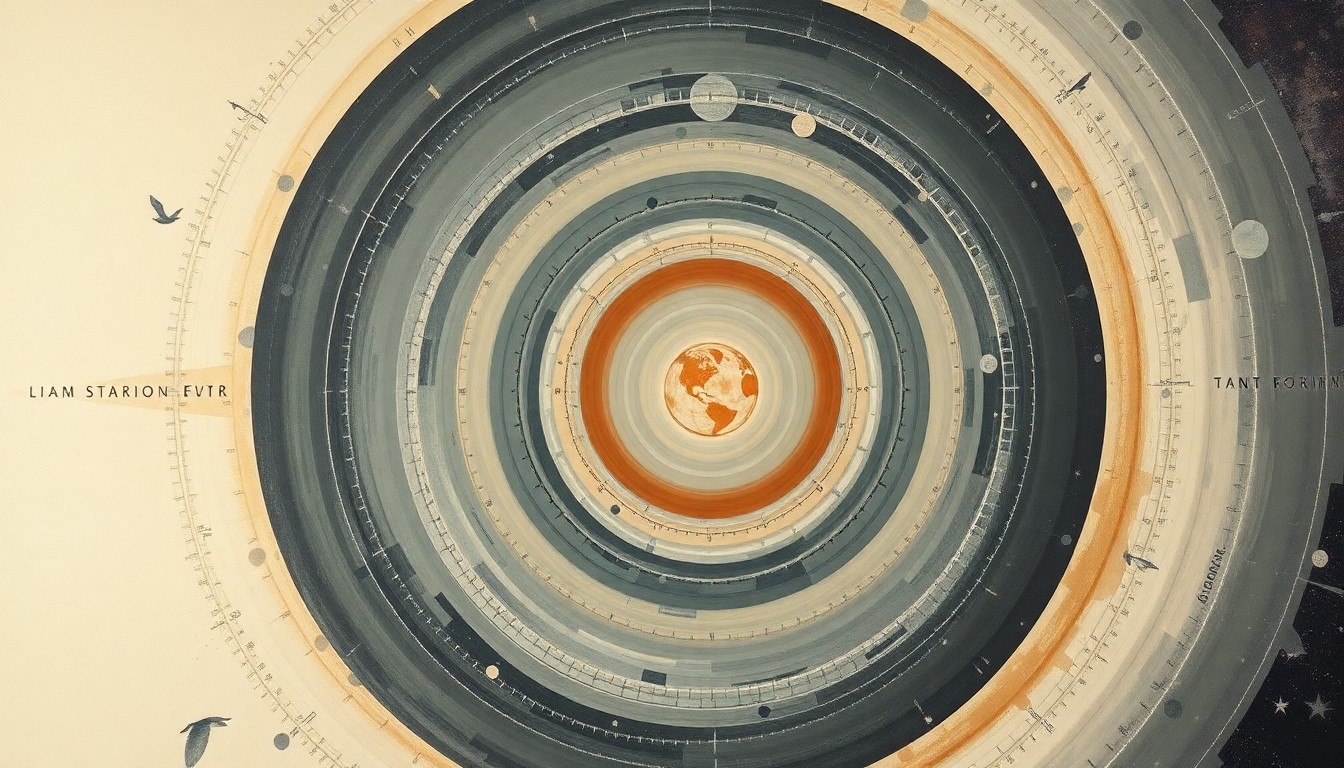 A highly textured, abstract painting featuring sweeping geometric shapes and organic forms in muted tones, conceptually representing the complex and visionary path of a private astronaut.