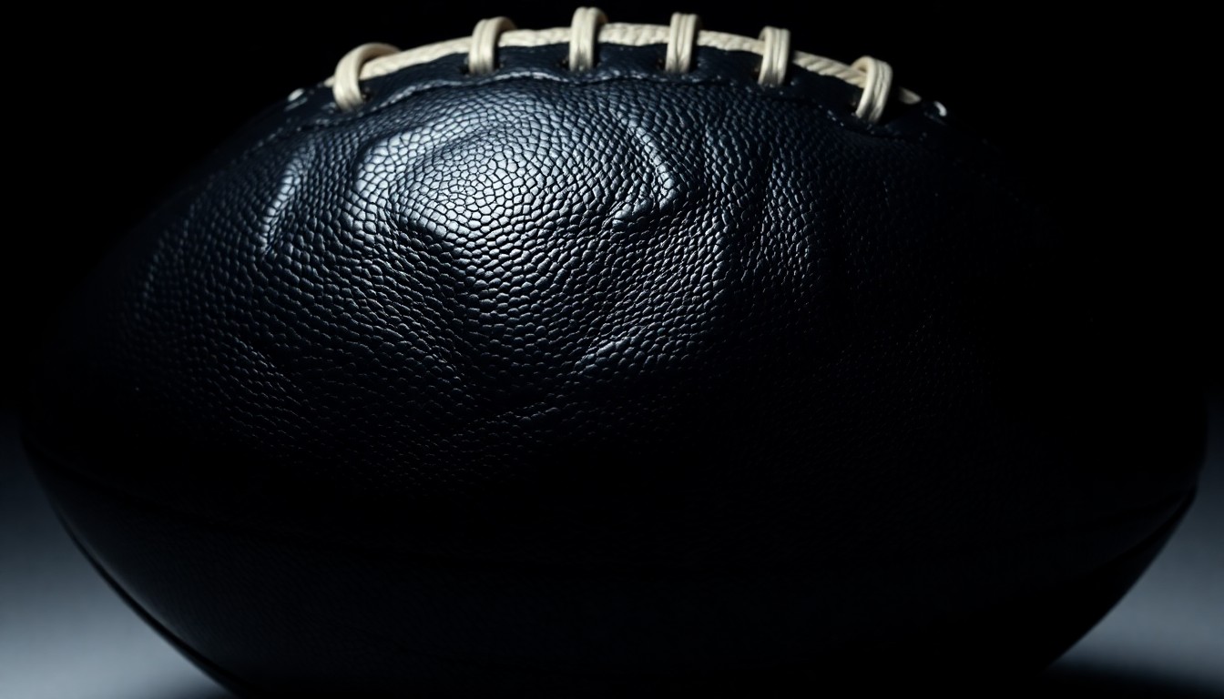 An extreme close-up photograph of a crumpled, shiny black leather football in dramatic studio lighting, capturing the high-contrast textures and shadows to represent the gritty, high-stakes nature of Kaepernick's journey.