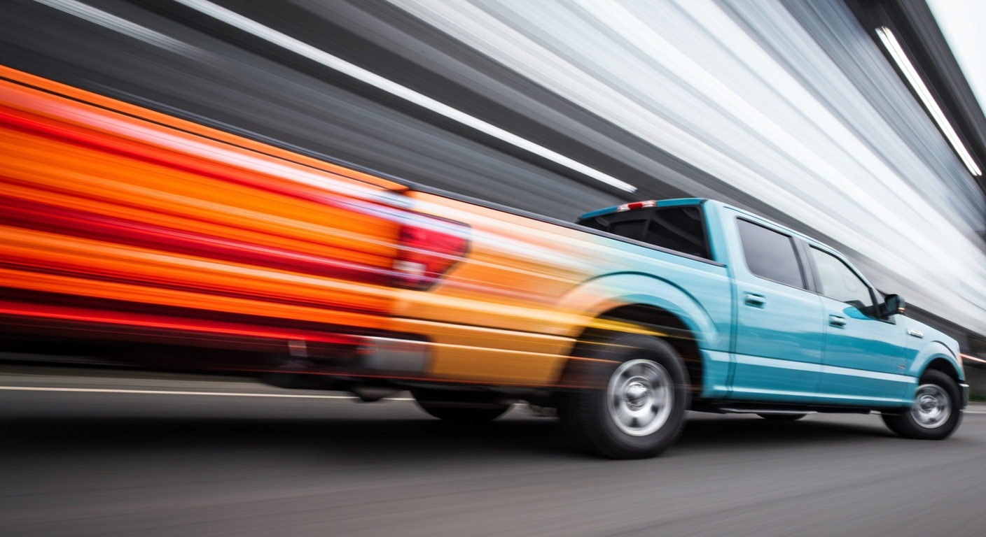 An abstract, colorful blur of a moving Ford F-150 truck, conveying a sense of speed, modern engineering, and the challenges facing the automotive industry.