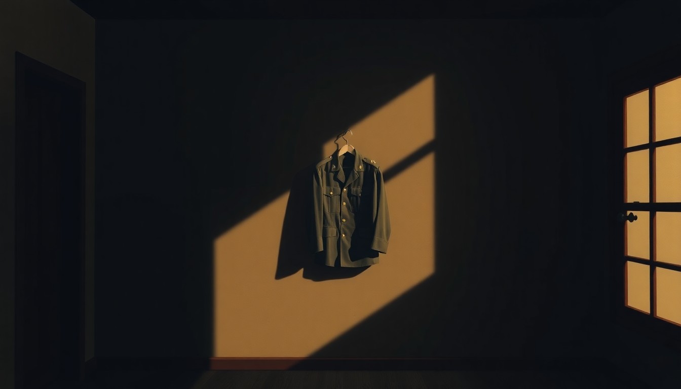 A somber, cinematic painting of a military uniform hanging alone in a dimly lit room, the fabric casting long shadows and bathed in warm, diagonal sunlight, conveying a sense of melancholy and the personal impact of immigration enforcement.