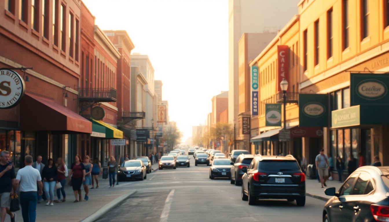 An out-of-focus, impressionistic photograph in soft, warm tones depicting a lively downtown street scene with people, storefronts, and vehicles, conveying the energy and community feel of Cedar Rapids.