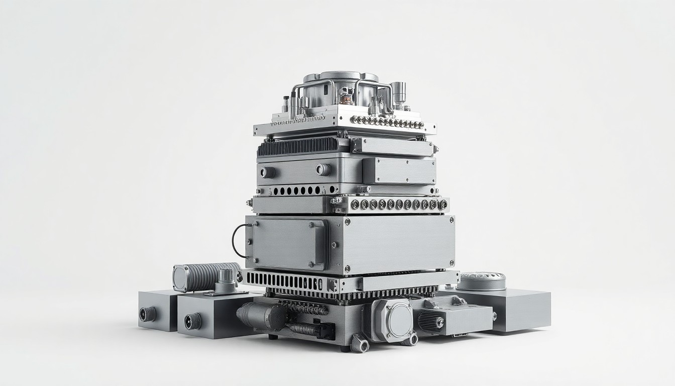 A photorealistic studio still life featuring a stack of metallic industrial components in shades of silver and gunmetal grey, floating on a clean white background, conceptually representing the complex global supply chains and materials distribution that underpin modern manufacturing.